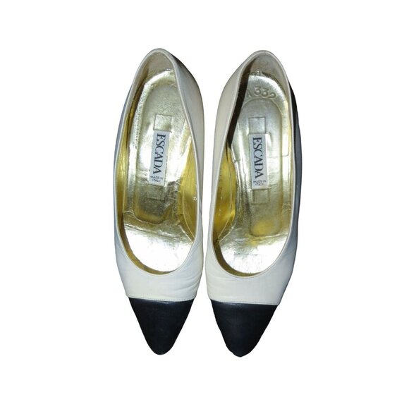 Escada Vintage Black & White Italian Leather Kitten Heel Cap Toe Pumps 37.5 7.5 - Picture 1 of 8